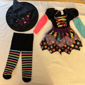 Witch Halloween Or Dress Up Little Girls Size 2T Dress Hat Tights Costume